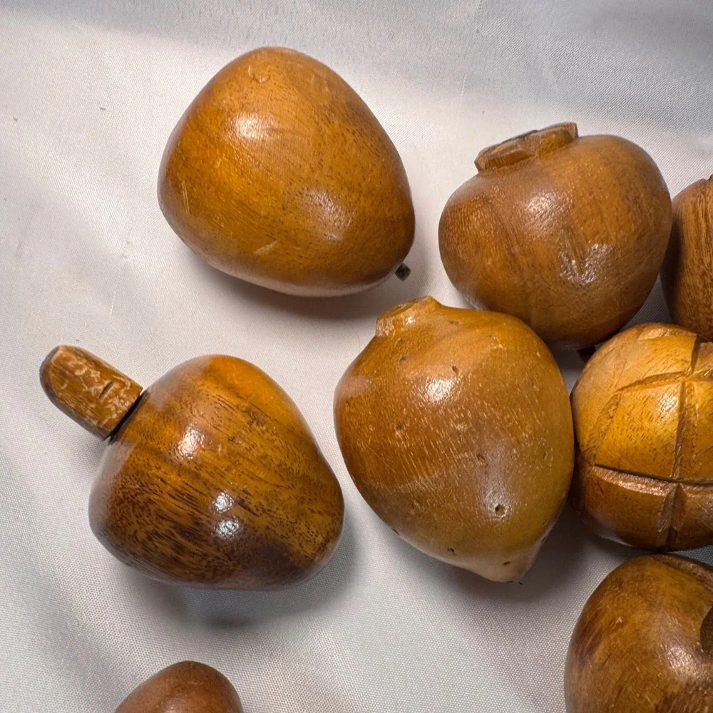 Vintage Hand Carved Wooden Fruit Set with Scalloped Bowl MCM Decor‎ 10 Piece